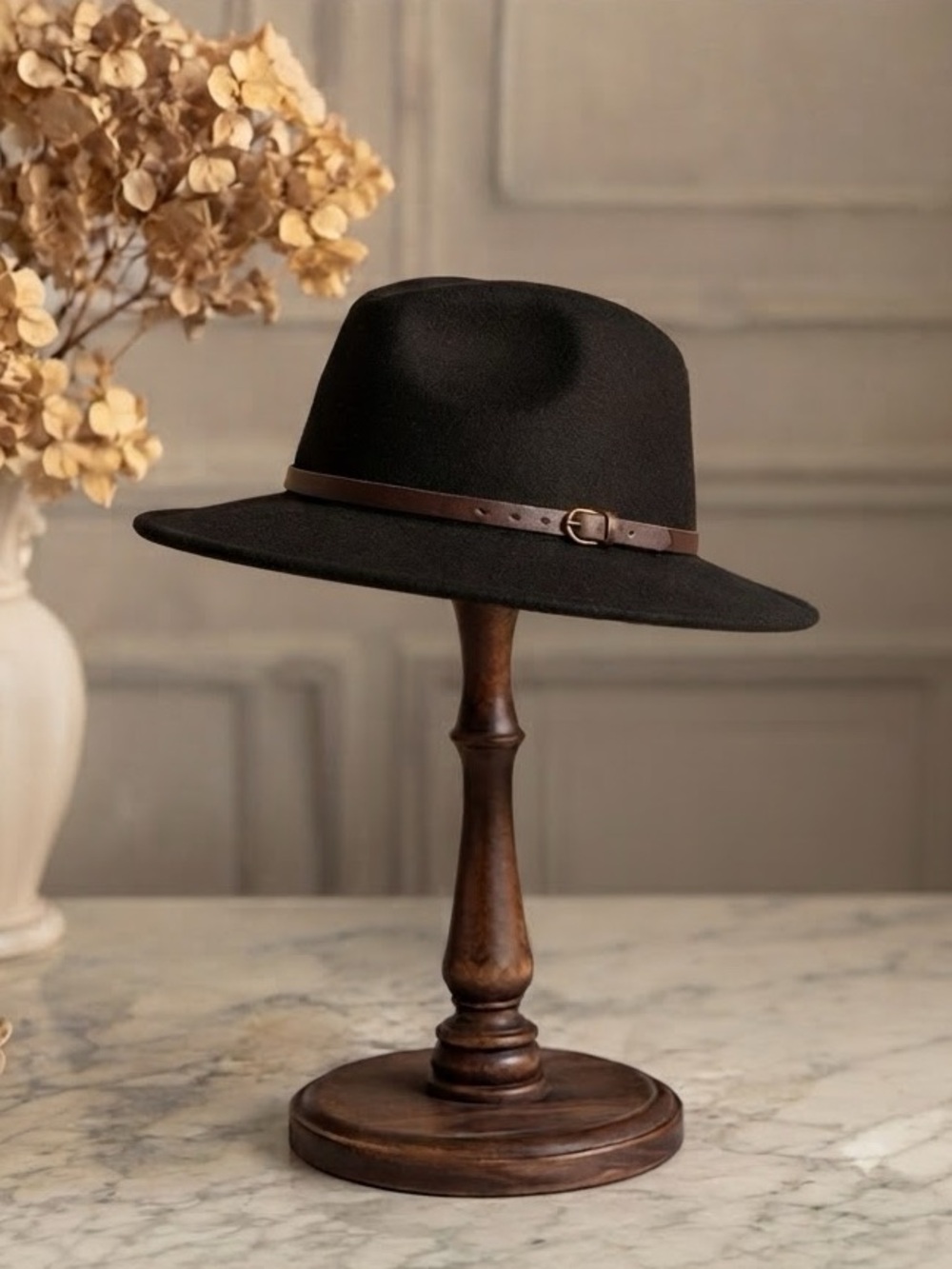 Gelso Bianco Black Wool Fedora Hat Adjustable Made in Italy